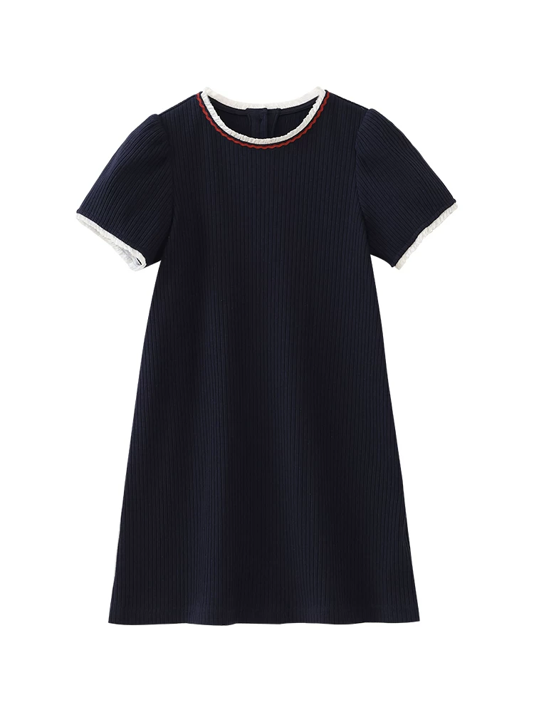 Váy len màu xanh navy mùa hè cho bé gái, kiểu dáng thiết kế mùa hè, tay ngắn, dành cho trẻ lớn hơn