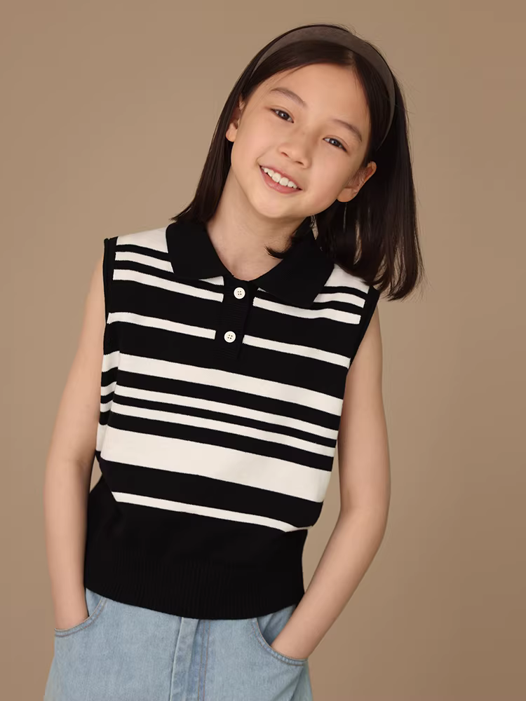 Quần áo trẻ em sọc đen trắng mùa hè thân thiện với làn da thoáng khí Áo vest dệt kim không tay cổ polo dành cho bé trai và bé gái