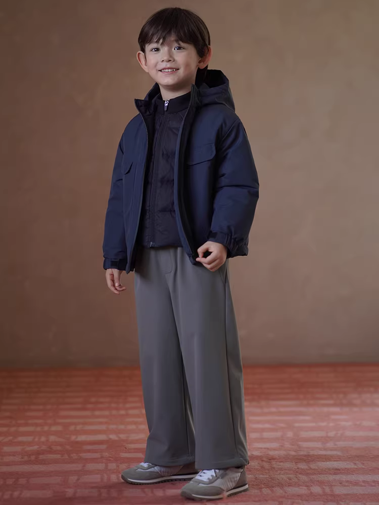 Quần áo trẻ em mùa thu đông áo khoác có mũ trùm đầu dáng rộng màu xanh hải quân hàng đầu bé trai và bé gái quần áo bảo hộ lao động áo khoác cotton ngoài trời ba lớp chống thấm