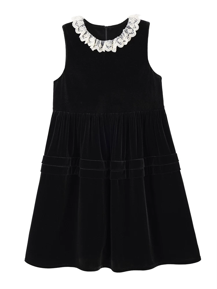 Váy liền thân mùa đông kiểu Hepburn Pháp, váy đen nhỏ xinh cho bé gái, váy nhung không tay cho bé gái