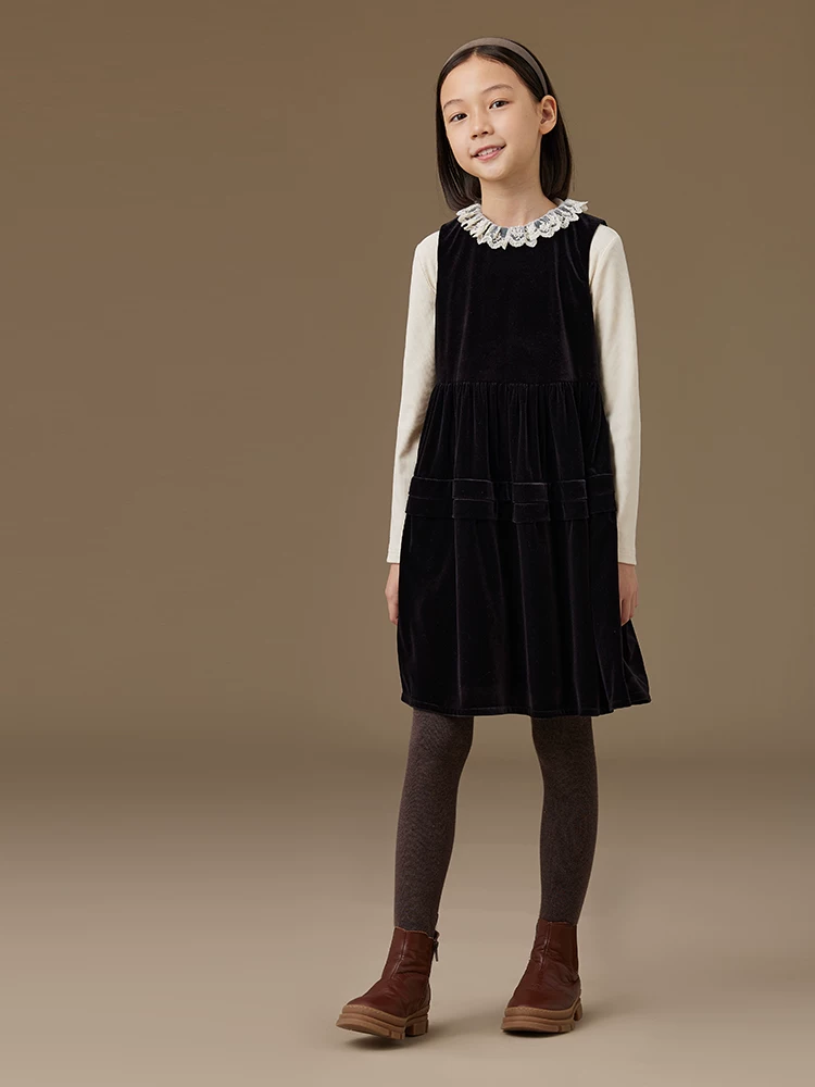 Váy liền thân mùa đông kiểu Hepburn Pháp, váy đen nhỏ xinh cho bé gái, váy nhung không tay cho bé gái