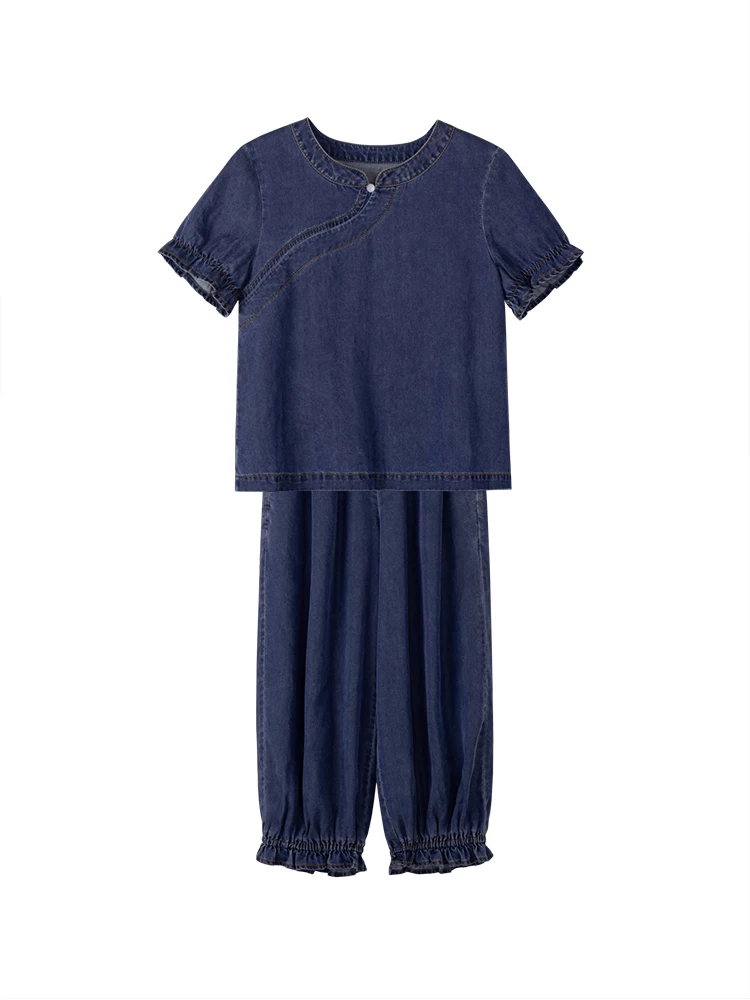 Bộ quần áo hè kiểu Trung Quốc mới cho bé gái, áo ngắn tay, quần jogger, quần chống muỗi, chất liệu mỏng