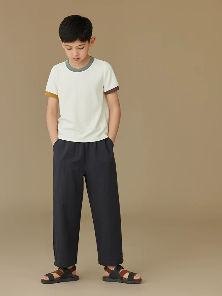 Quần dài màu xanh hải quân mỏng dành cho trẻ em, quần cotton rộng ống rộng thoáng khí dành cho bé trai và bé gái trong mùa hè.