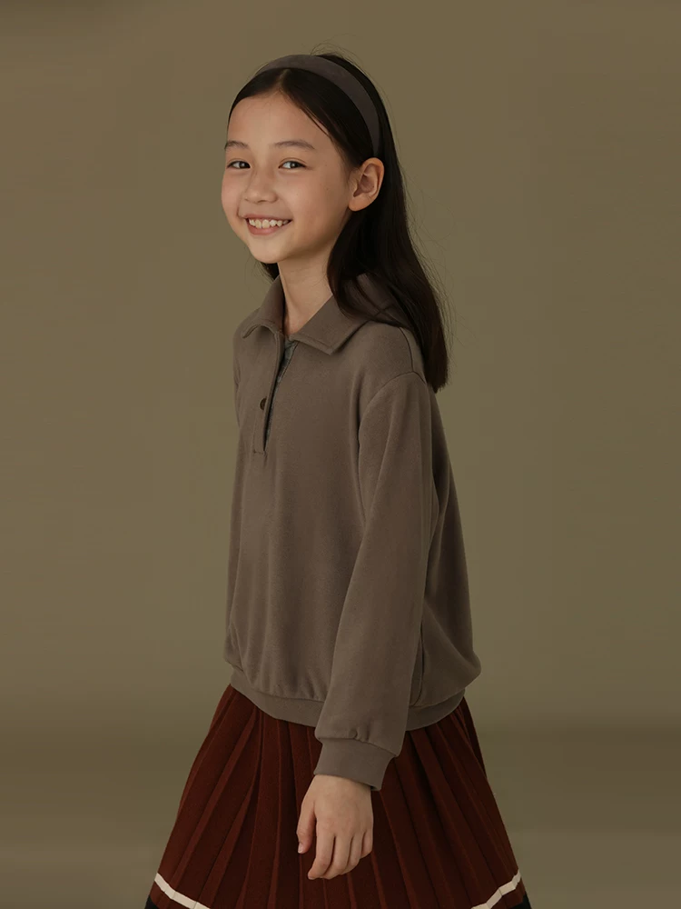 Quần áo trẻ em mùa xuân thu áo thun dài tay có cổ nhỏ cho bé trai và bé gái áo kiểu dáng cha mẹ và con cái phong cách giản dị màu trơn