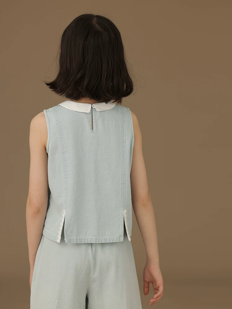 Bộ trang phục mùa hè cho bé gái năm 2025 kiểu mới: Áo vest denim, quần ống rộng, quần lửng, phong cách thường ngày, rộng rãi