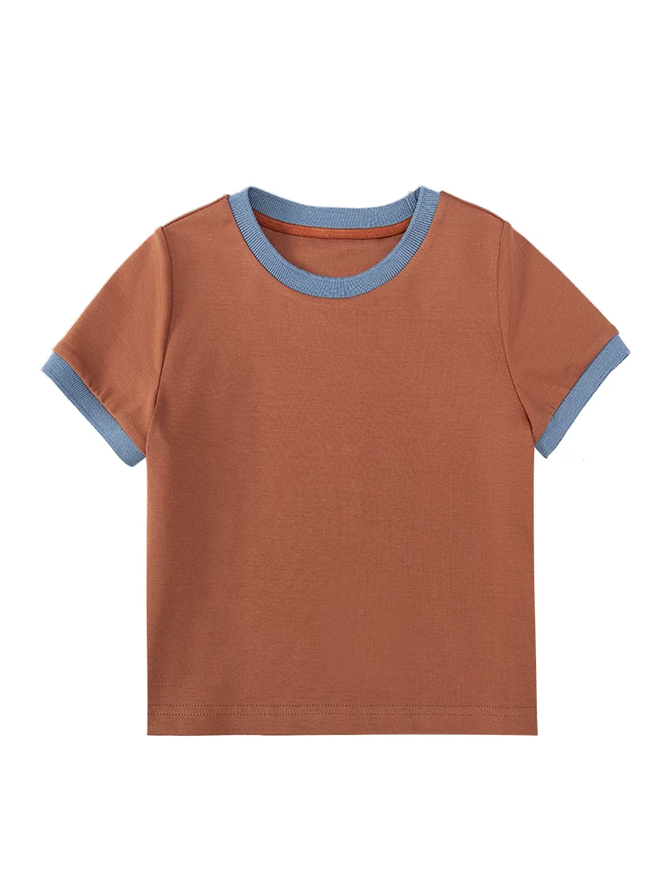 Áo thun trẻ em màu cam làm bằng cotton, đa năng và thoáng khí, áo ngắn tay cho bé trai và bé gái, kiểu dáng mỏng mùa hè, hợp thời trang.