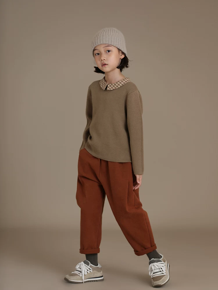 Hazi Quần Áo Trẻ Em Mùa Đông Mới Retro Màu Trơn Ấm Nguyên Chất Áo Sơ Mi Cotton Cổ Áo Len Chui Đầu Cổ Kẻ Sọc Dệt Kim Hàng Đầu
