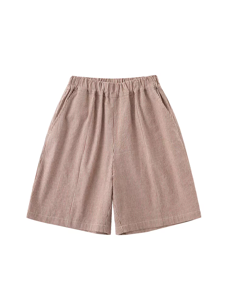 Quần áo trẻ em Hazi Mùa thu mới về cho bé trai và bé gái Sọc cotton nguyên chất dáng rộng thẳng giản dị lưng thun đa năng Quần short năm điểm