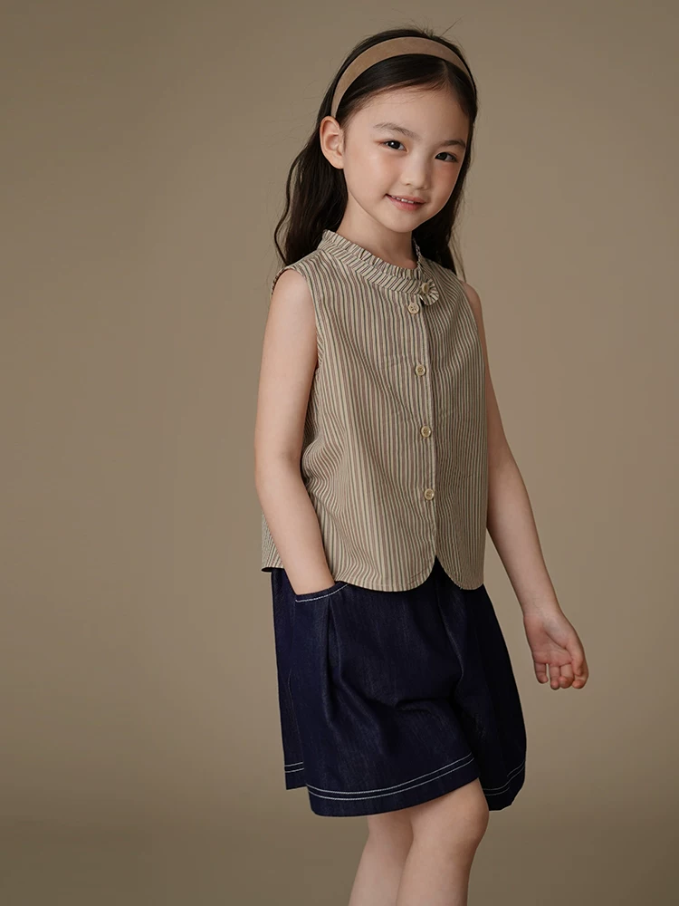 Quần áo trẻ em mùa hè áo sơ mi mỏng cho trẻ lớn hơn phong cách Hàn Quốc áo sơ mi sọc giản dị áo vest trẻ em trang phục mùa hè cho bé gái
