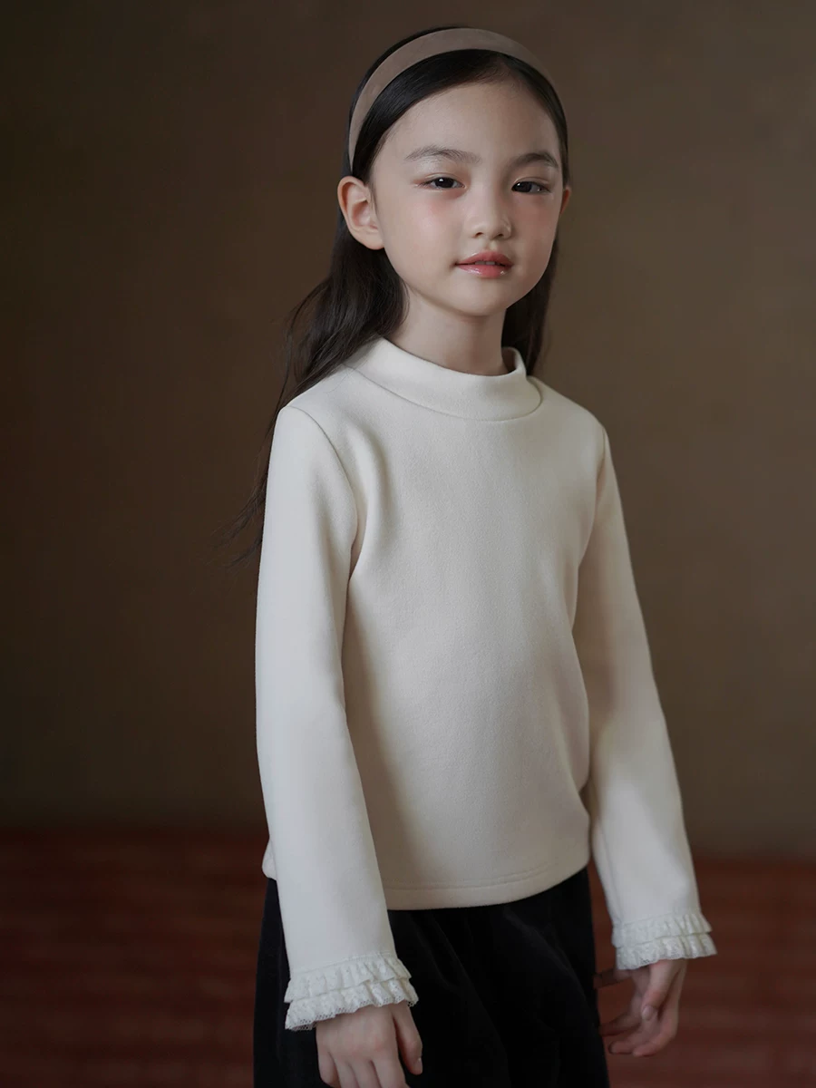 Quần áo mùa đông cho trẻ em Áo cổ cao nửa cổ co giãn dệt kim màu trắng nhạt Áo thun dài tay màu trắng nhạt Áo sơ mi cơ bản cho bé gái