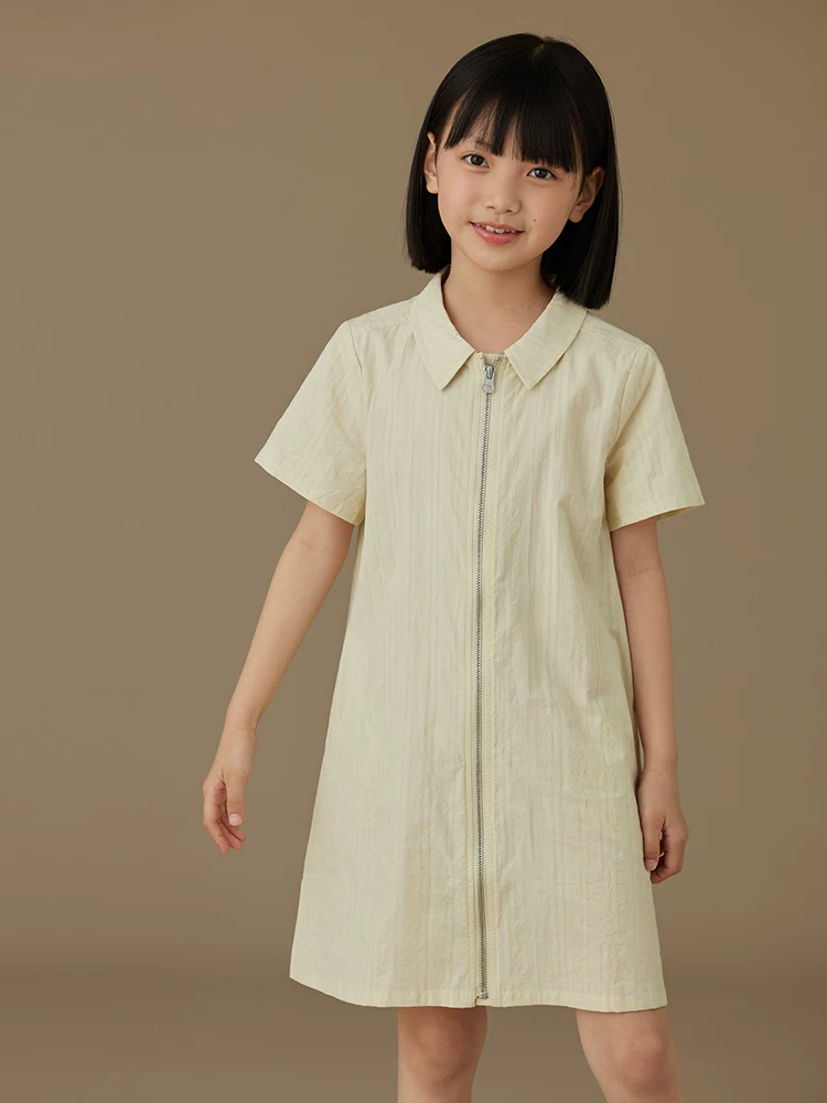 Váy polo ngắn tay màu be cho bé gái, kiểu dáng xuông, thiết kế thời trang, có khóa kéo.