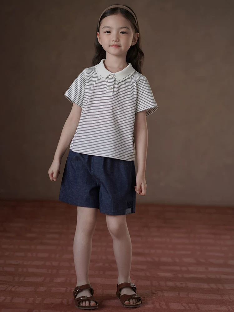 Áo len mỏng mùa hè cho trẻ em, áo thun ngắn tay cho bé gái, áo sơ mi POLO sọc cổ cánh hoa cho bé gái