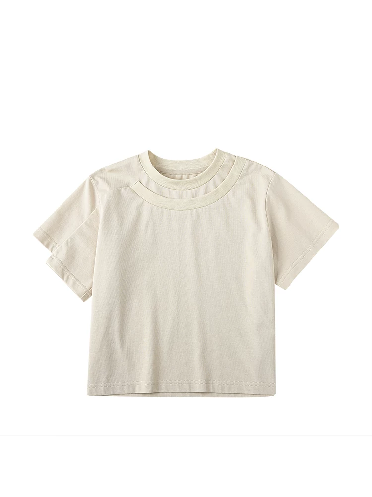 Quần áo trẻ em Hazi dành cho trẻ lớn hơn, áo thun ngắn tay bằng cotton nguyên chất mùa hè, áo mùa hè cổ tròn giả hai mảnh đa năng hợp thời trang dành cho bé gái.