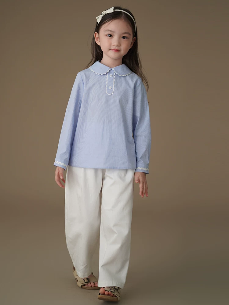 Quần áo trẻ em cho mùa xuân và mùa thu, áo sơ mi dài tay màu xanh cho trẻ em, áo sơ mi sọc cotton thân thiện với làn da cho bé gái, trẻ nhỏ và lớn.