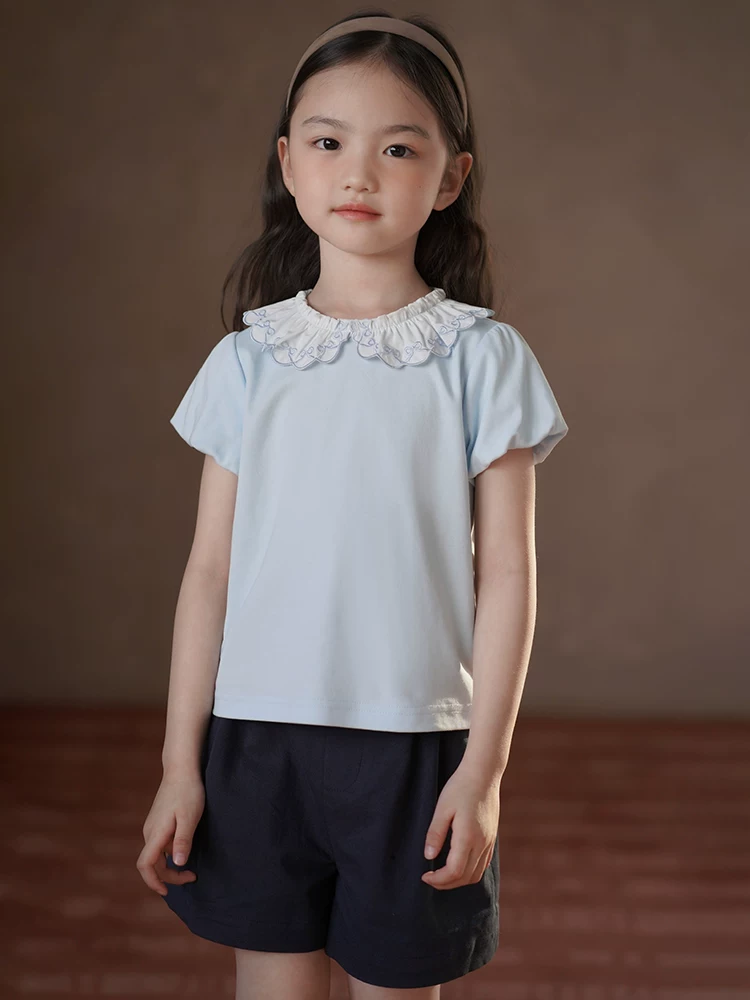Quần áo trẻ em mùa hè ngọt ngào ren áo thun ngắn tay bé gái áo dệt kim áo sơ mi cho bé 25 mùa hè phong cách mới