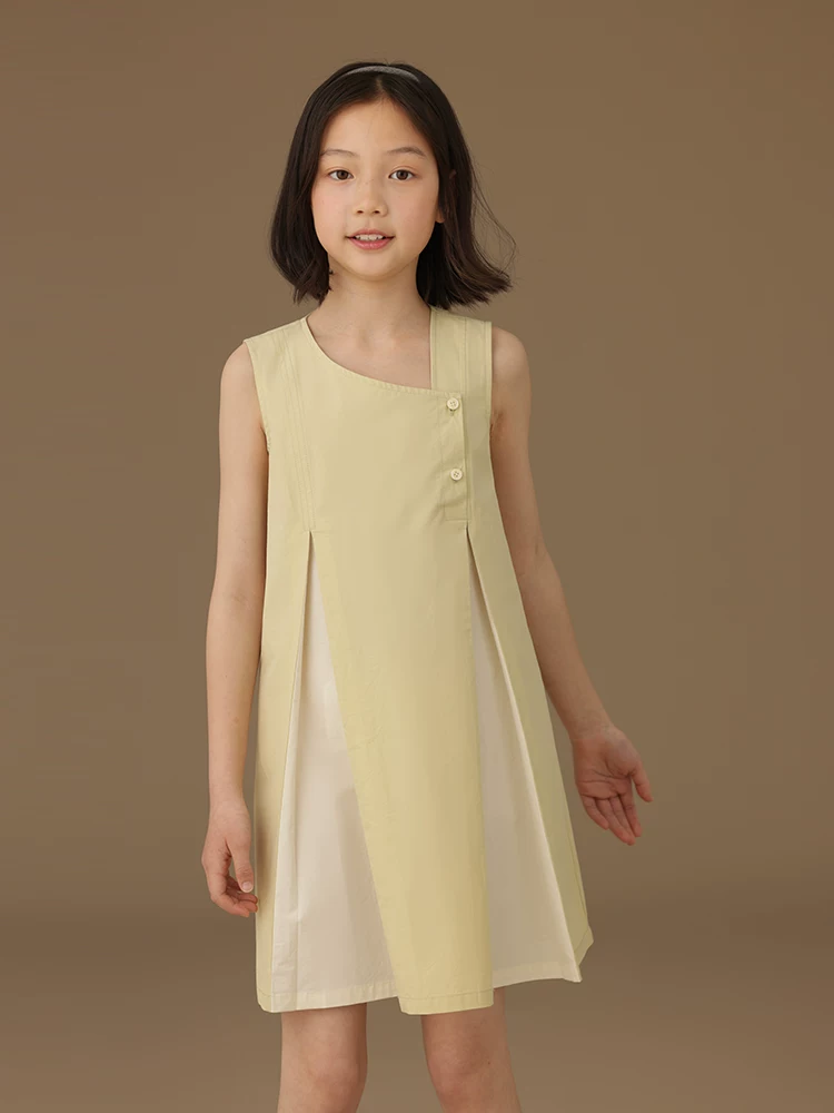 Quần áo trẻ em mùa hè váy vest màu vàng nhạt màu xanh lá cây váy dáng rộng giản dị dành cho trẻ lớn hơn mang lại cảm giác cao cấp