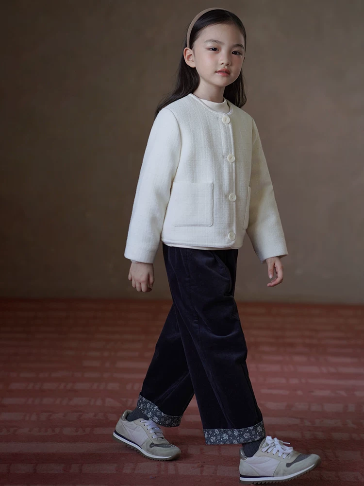 Áo khoác len ngắn cho trẻ em mùa thu đông, áo kiểu Chanel đơn giản và cao cấp cho bé gái, áo khoác cotton mỏng cho bé gái.