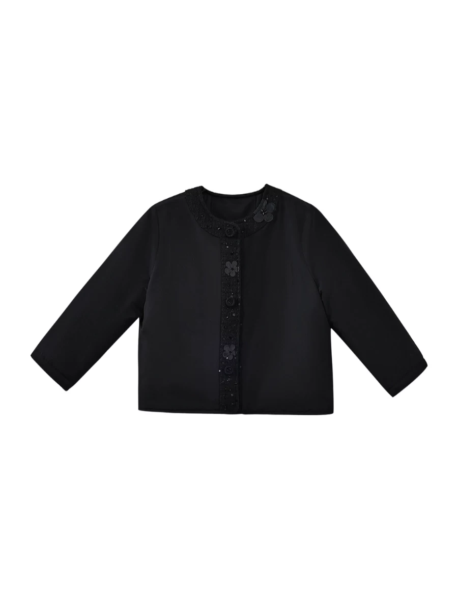 Quần áo mùa đông cho trẻ em Áo khoác cotton màu đen có trang trí hoa ba chiều chắc chắn, áo kiểu Chanel cho bé gái, áo khoác ngắn cho bé gái.