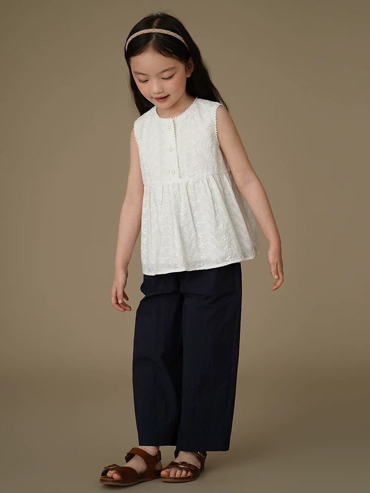 Quần áo trẻ em áo sơ mi cotton trắng không tay dành cho bé gái trang phục mùa hè tươi mát dễ thương dành cho trẻ lớn hơn