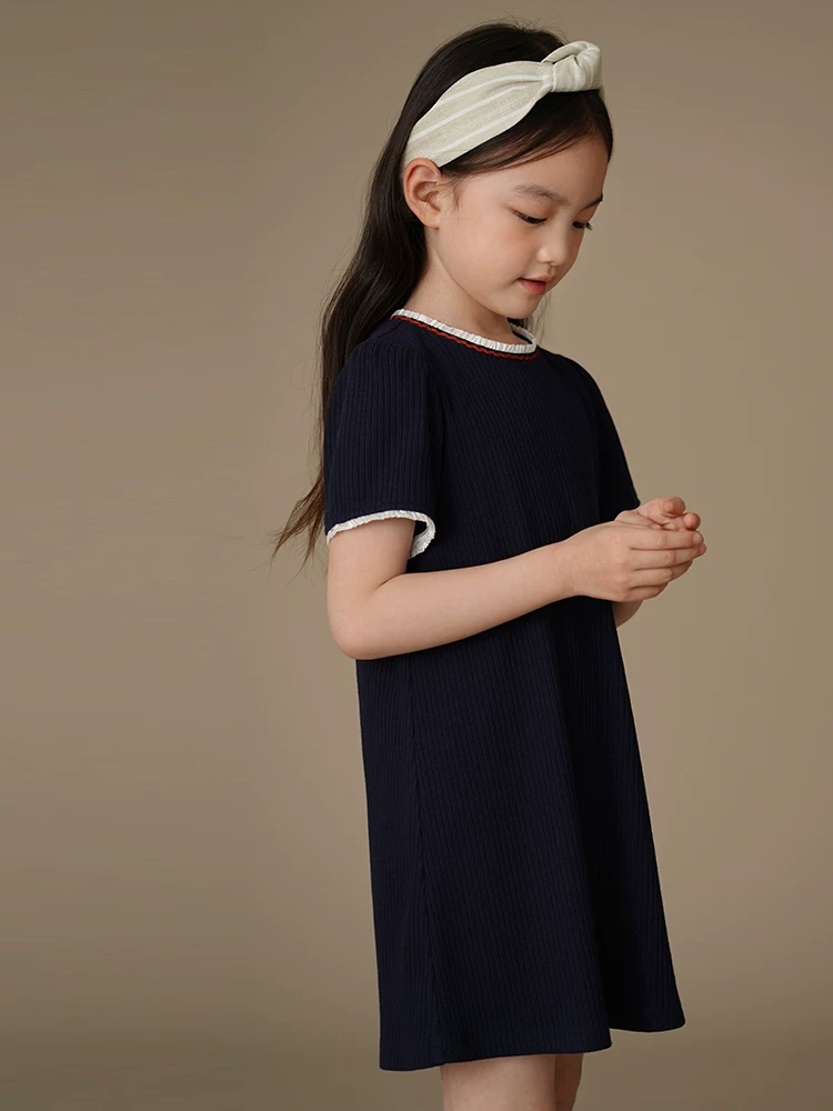Váy len màu xanh navy mùa hè cho bé gái, kiểu dáng thiết kế mùa hè, tay ngắn, dành cho trẻ lớn hơn