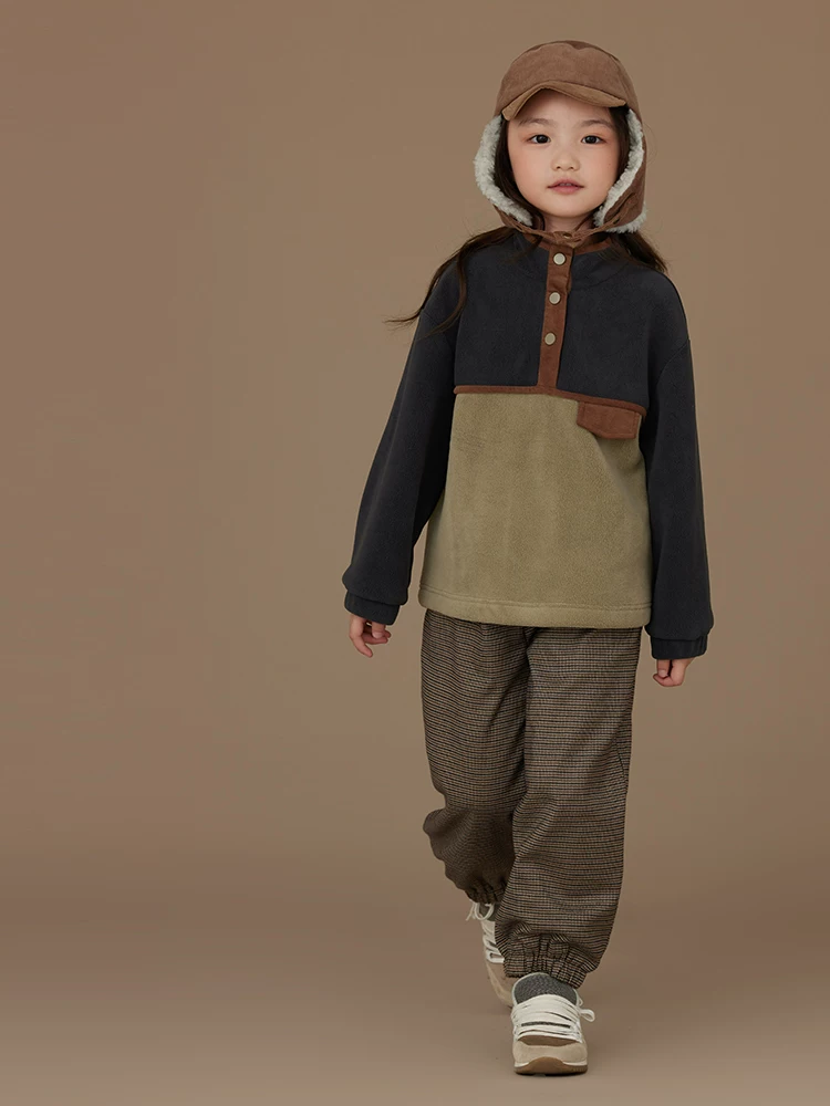 Quần dài nỉ lót lông trẻ em, kiểu dáng retro kẻ ô vuông, quần rộng rãi, thoải mái, dành cho bé trai bé gái, giữ ấm mùa đông