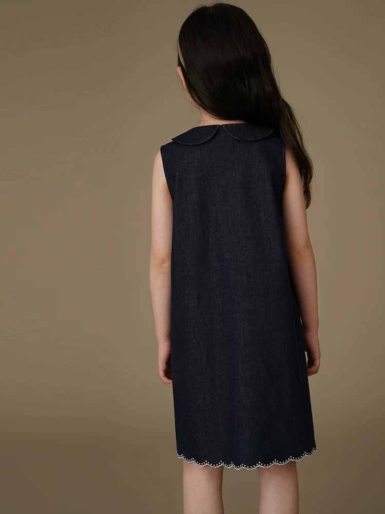 Váy liền thân không tay kiểu học sinh đơn giản cổ điển chất liệu denim dành cho bé gái lớn