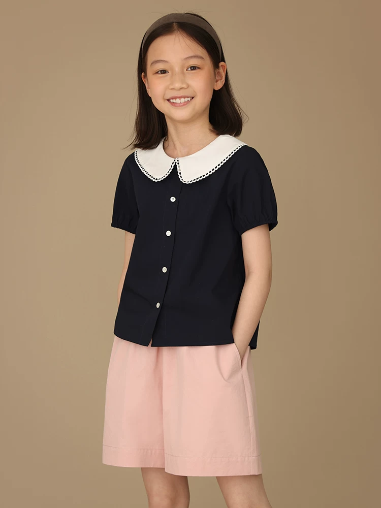 Quần áo mùa hè cho trẻ em áo sơ mi mỏng màu xanh hải quân phối màu áo sơ mi búp bê áo sơ mi ngắn tay cho bé gái dành cho trẻ lớn hơn