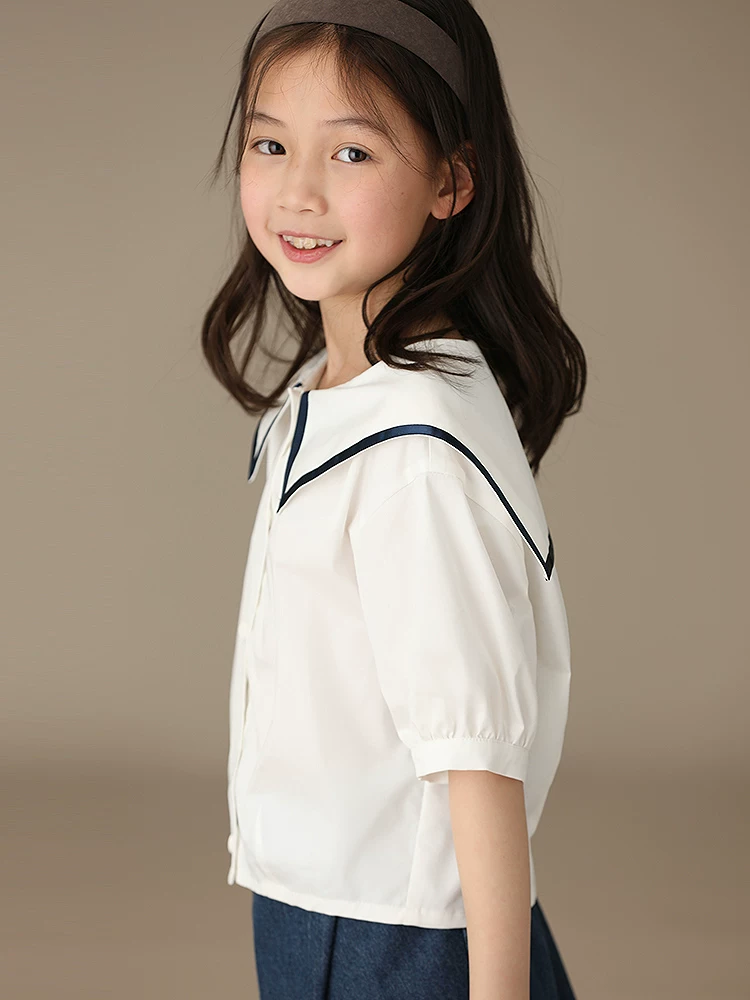 Áo sơ mi ngắn tay màu trắng kiểu hải quân mùa hè dành cho nữ, áo kiểu preppy, áo sơ mi cơ bản mỏng và sành điệu.
