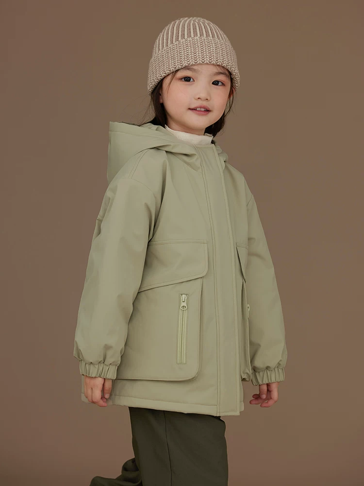 Quần áo cotton trẻ em, dày dặn và ấm áp, áo khoác có mũ đơn giản và cao cấp cho bé trai và bé gái, áo gió ba lớp.
