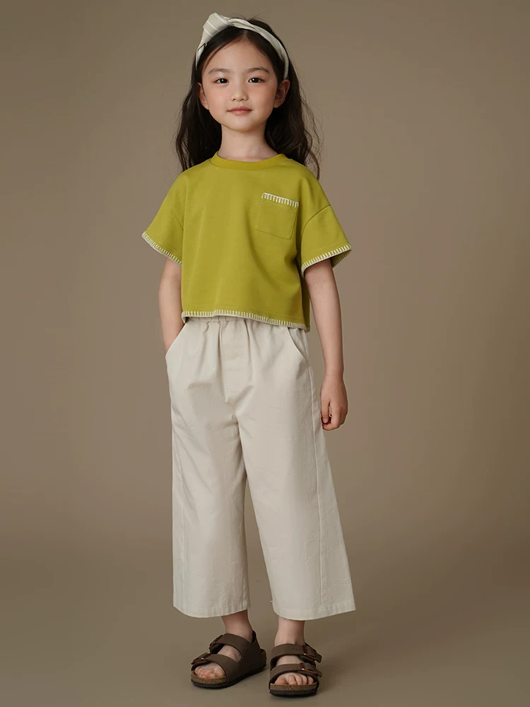Quần ống đứng mùa hè cho trẻ em, quần cotton chín phần thân thiện với làn da cho bé trai và bé gái, quần dài đa năng dáng rộng, thoải mái