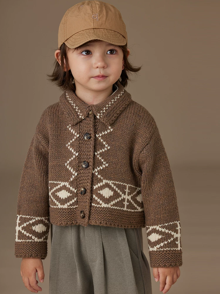 Hazi Quần Áo Trẻ Em Mùa Thu Đông Trẻ Em Áo Cardigan Dệt Kim Màu Nâu Cổ Điển Thường Ngày Áo Bé Trai Và Bé Gái Áo Len Ấm Áp Áo Khoác