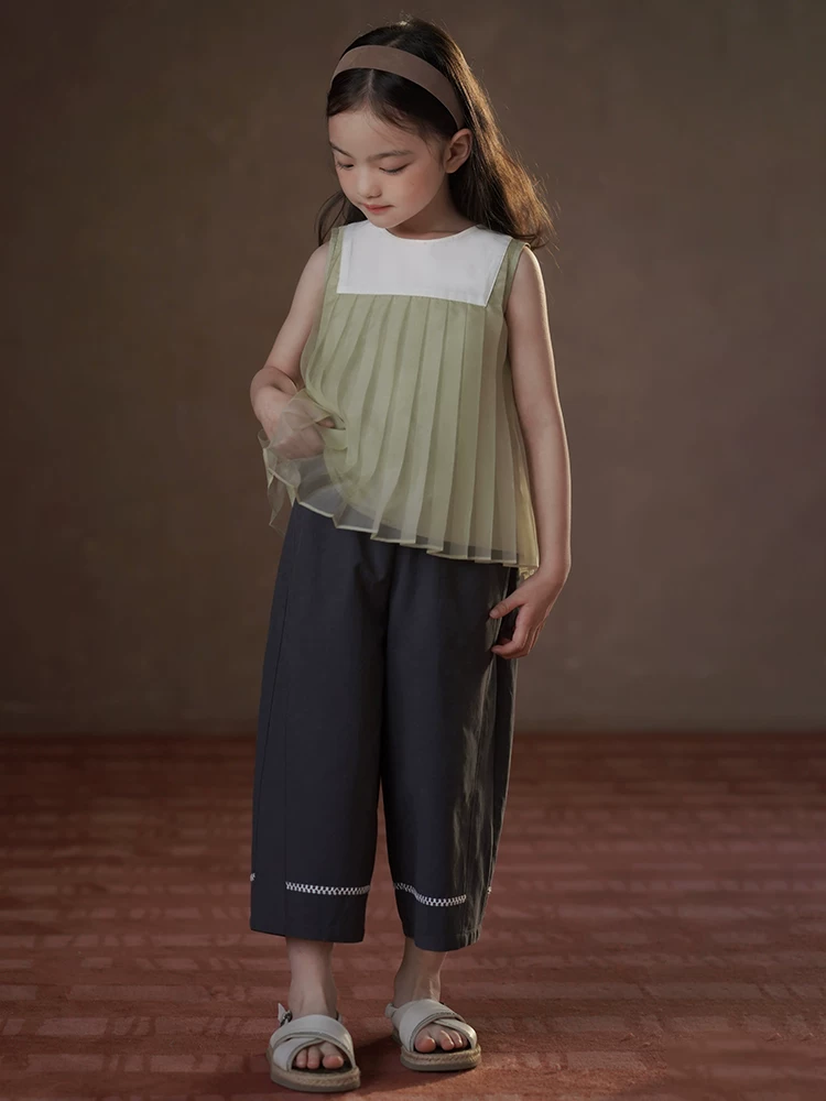 Quần trẻ em mỏng mùa hè Quần thêu phong cách Nhật Bản quần crop top cho bé gái cảm giác đơn giản và cao cấp