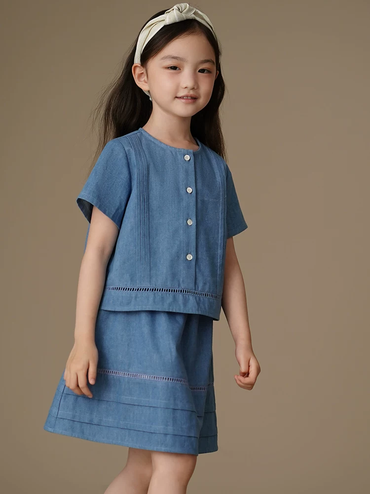Hazi Quần Áo Trẻ Em Mùa Hè Denim Bộ Thân Thiện Với Làn Da Thoáng Khí Áo Sơ Mi Tay Ngắn Váy Bé Gái Thường Ngày Dáng Rộng