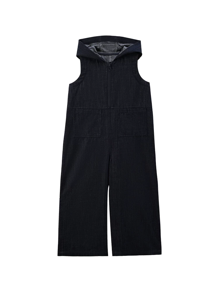 Quần denim rộng rãi phong cách Hàn Quốc mùa hè dành cho bé trai và bé gái, bộ liền quần không tay với thiết kế đơn giản.