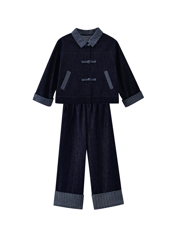 Quần áo trẻ em mùa thu phong cách mới áo khoác phong cách Trung Hoa mới quần âu bé trai và bé gái bộ đồ denim mùa xuân và mùa thu