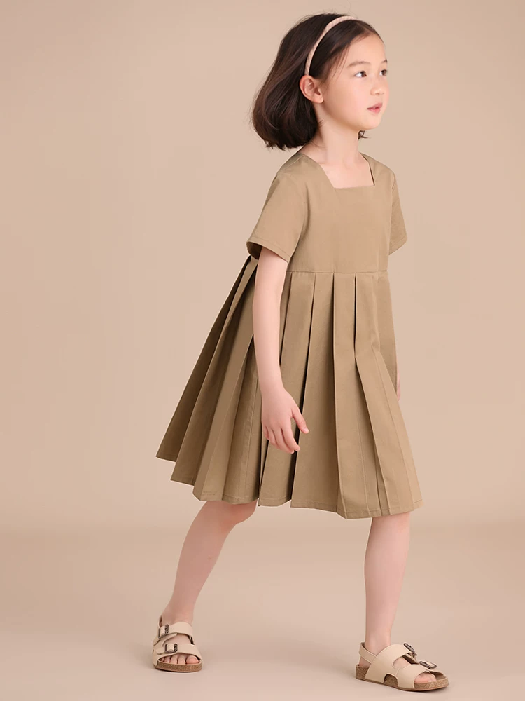 Quần áo trẻ em Ha Chi Bộ sưu tập mới Xuân/Hè Phong cách cha mẹ và con gái Cotton nguyên chất Thiết kế tinh tế Váy xếp ly tay ngắn cổ vuông thanh lịch