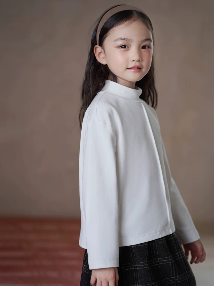 Quần áo trẻ em Áo thun dài tay thu đông có lót lông cừu, áo cổ cao nửa cổ màu trắng ấm áp cho bé trai và bé gái, áo lót.