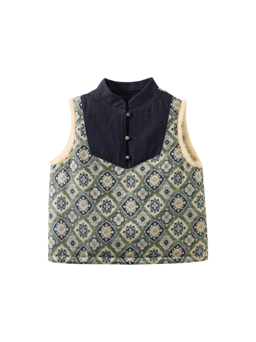 Quần áo mùa đông cho trẻ em Áo vest có đệm có đường khâu jacquard, quần áo cotton phong cách Trung Quốc mới cho bé trai và bé gái, trang phục năm mới mẫu mới