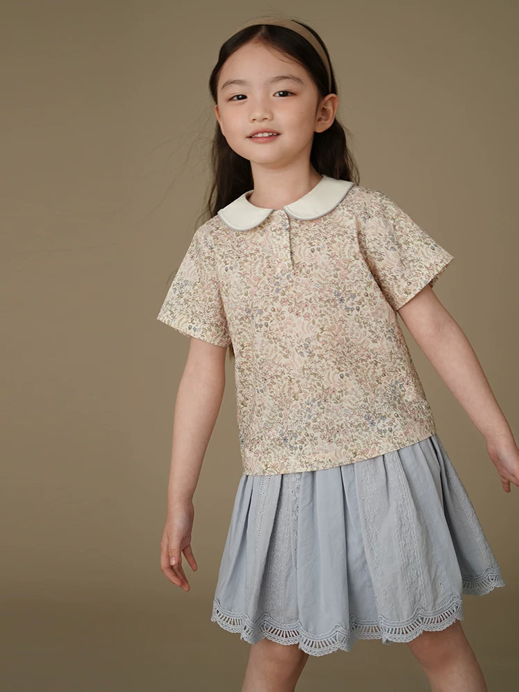 Quần áo trẻ em áo sơ mi babydoll họa tiết hoa cổ tích áo sơ mi ngắn tay cho bé gái phong cách mùa hè mới dành cho trẻ lớn hơn