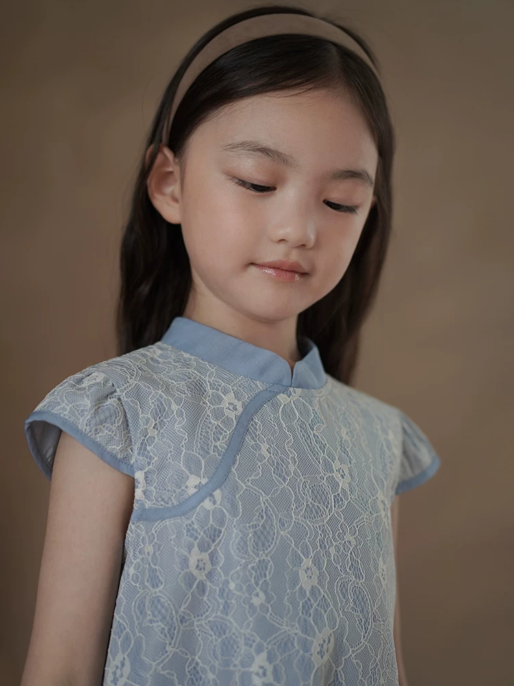 Quần áo trẻ em mùa hè: váy ren dài vừa phải kiểu Trung Quốc mới đơn giản dành cho bé gái, sườn xám cho trẻ lớn, trang phục mùa hè.