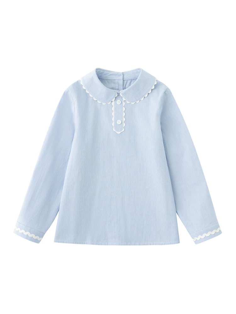 Quần áo trẻ em cho mùa xuân và mùa thu, áo sơ mi dài tay màu xanh cho trẻ em, áo sơ mi sọc cotton thân thiện với làn da cho bé gái, trẻ nhỏ và lớn.