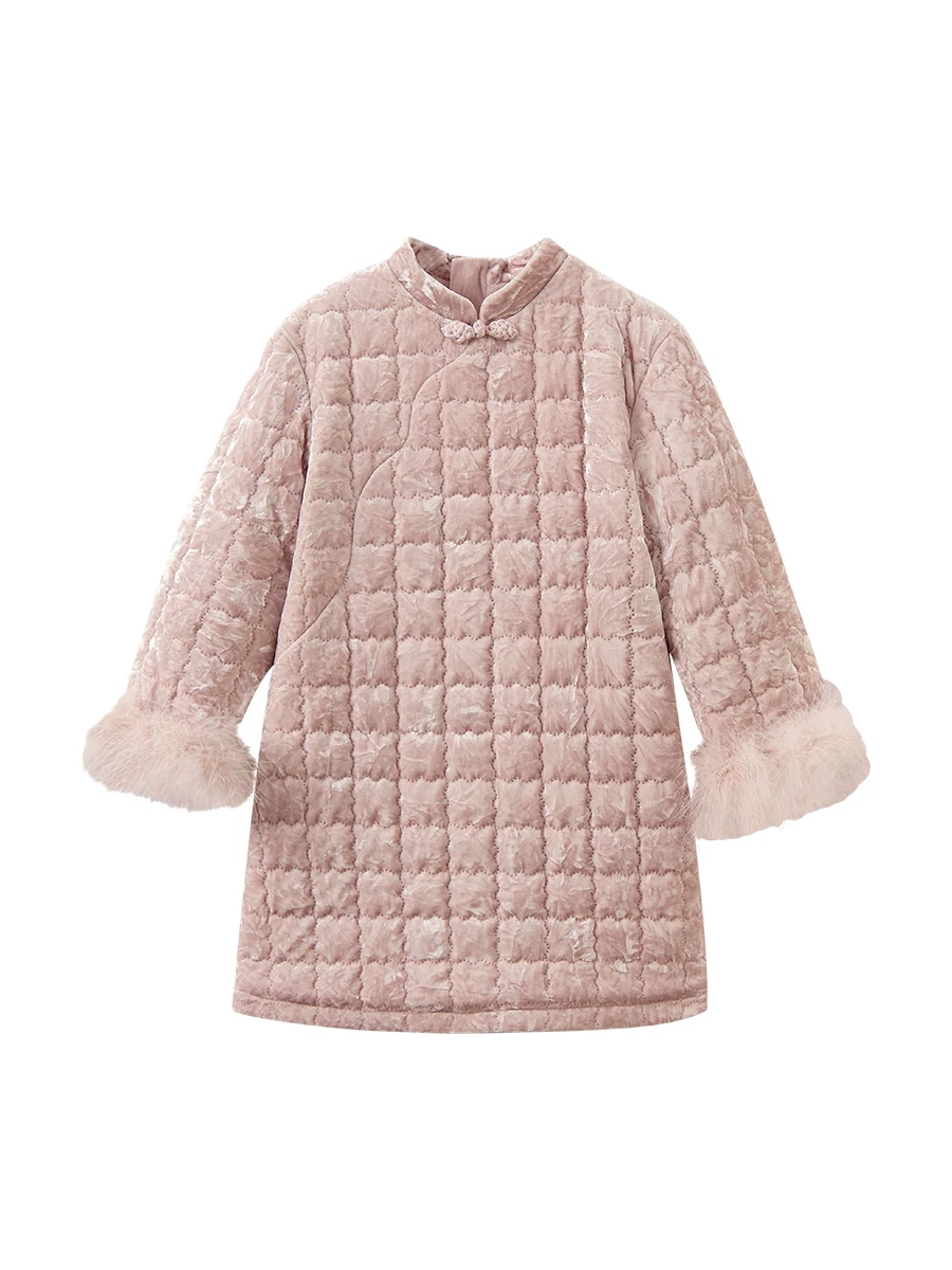 Quần áo mùa đông cho trẻ em Áo khoác cotton dài dày dặn ấm áp cho bé gái Trang phục năm mới màu hồng phong cách Trung Quốc mới