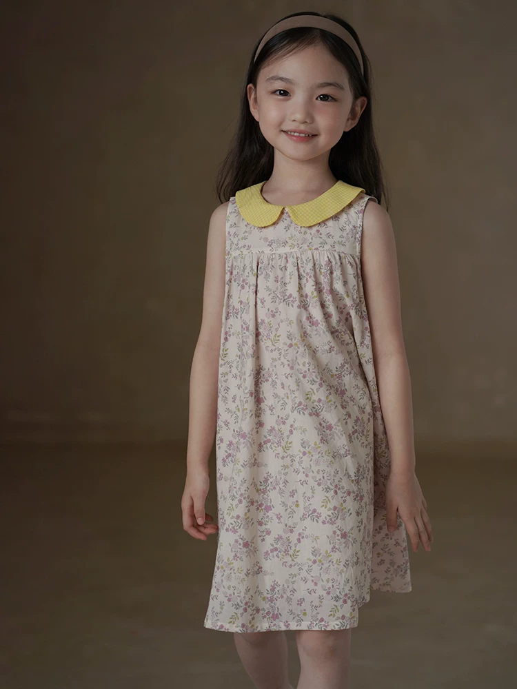 Quần áo trẻ em Hazi Váy dài vừa phải cho trẻ em phong cách Hàn Quốc Váy dài vừa phải bằng vải cotton màu khối Váy cổ búp bê Váy ba lỗ cho bé gái Mùa hè