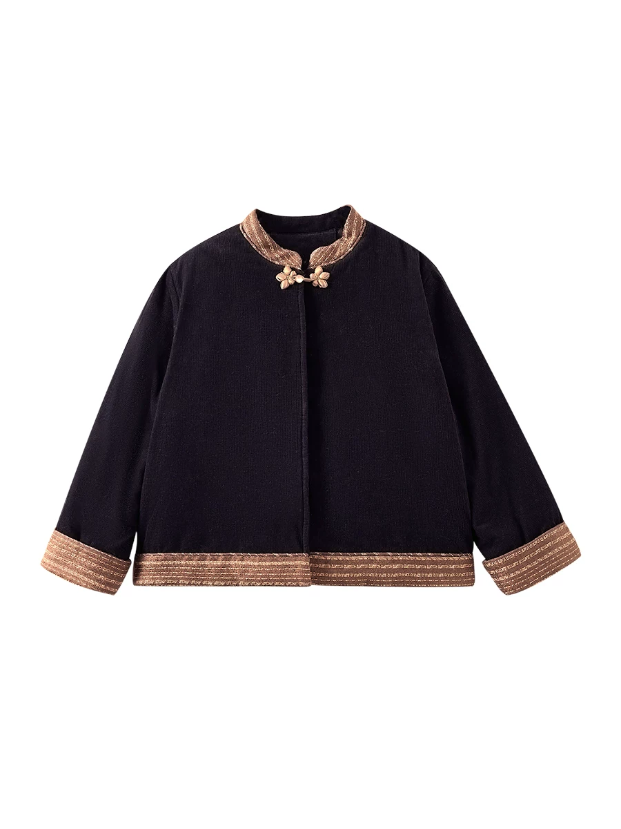 Áo khoác mùa đông cho trẻ em màu xanh hải quân, áo khoác cotton dày dặn và ấm áp bằng vải nhung kẻ cho bé gái, áo kiểu Trung Quốc mới.