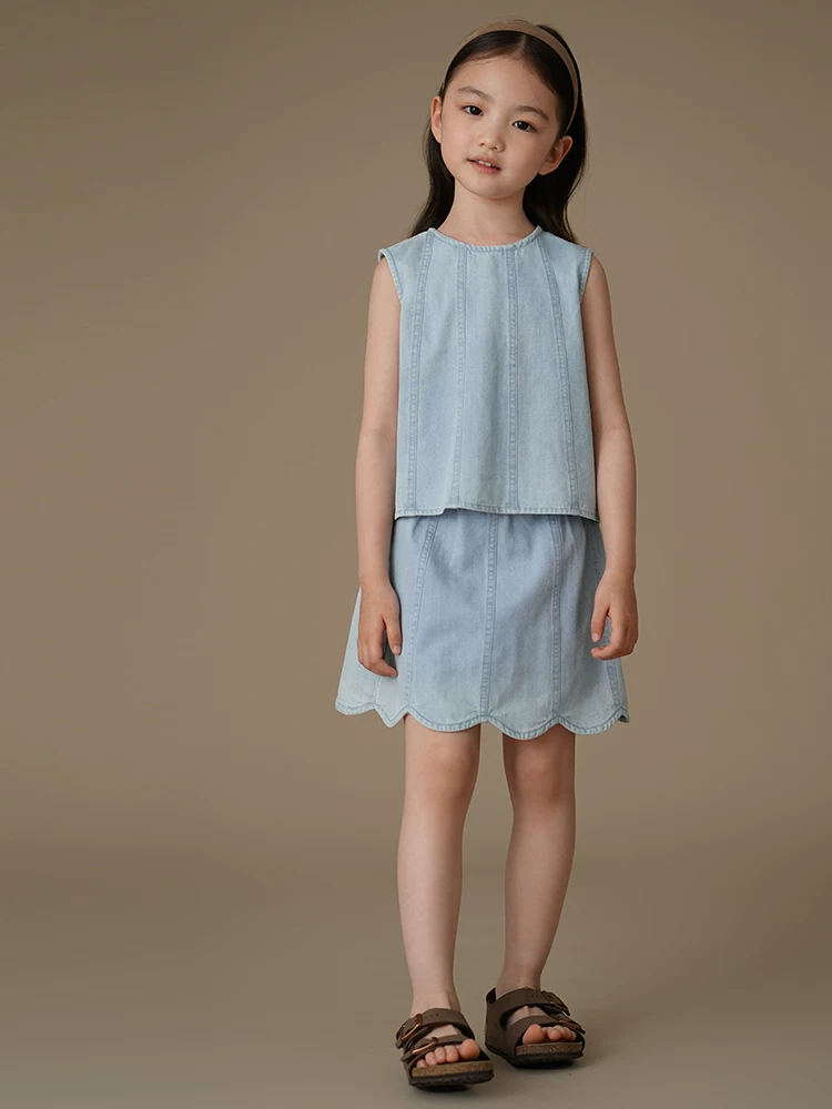 Quần áo trẻ em váy denim thoáng khí thân thiện với làn da trang phục mùa hè cho bé gái lớn hơn
