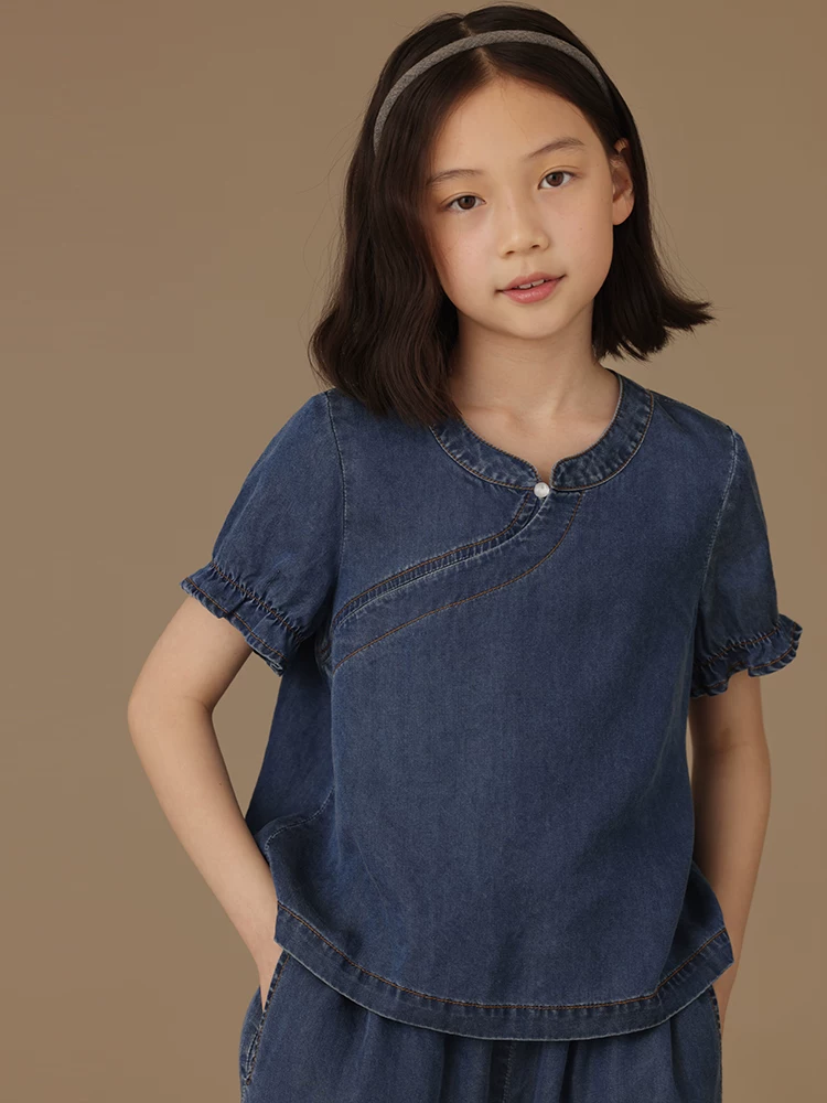 Bộ quần áo hè kiểu Trung Quốc mới cho bé gái, áo ngắn tay, quần jogger, quần chống muỗi, chất liệu mỏng