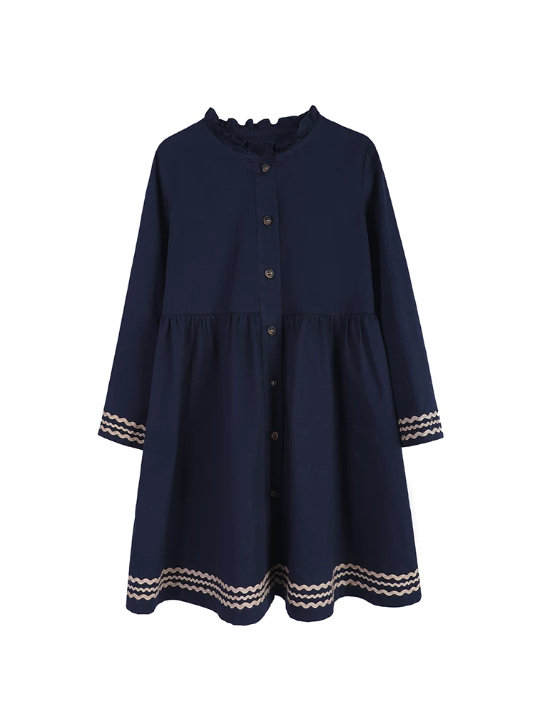 Quần áo trẻ em mùa xuân thu, đầm dạ hội trẻ em chất liệu cotton 100%, cổ ren, màu xanh navy, kiểu học sinh, đầm dài tay cho bé gái, trang phục dạ hội