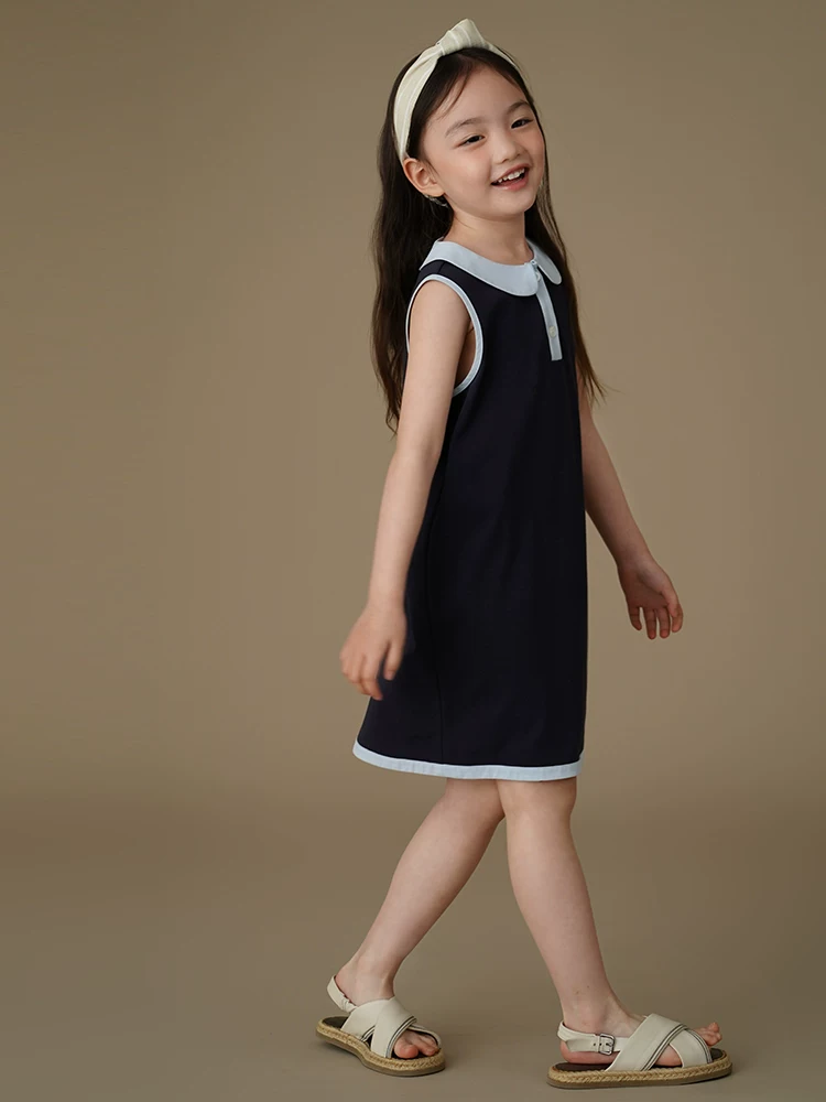 Quần áo trẻ em Váy dệt kim xuân hè dành cho bé gái có cổ búp bê, váy dài vừa phải, váy ba lỗ cho bé gái, kiểu dáng thoáng khí và mỏng.