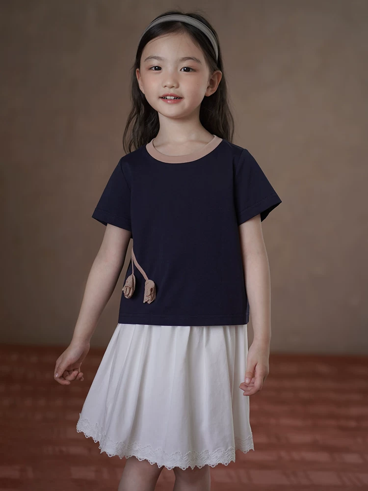 Áo thun dệt kim co giãn mùa hè mỏng màu xanh hải quân dành cho trẻ em Áo thun ngắn tay phối màu dành cho trẻ lớn hơn