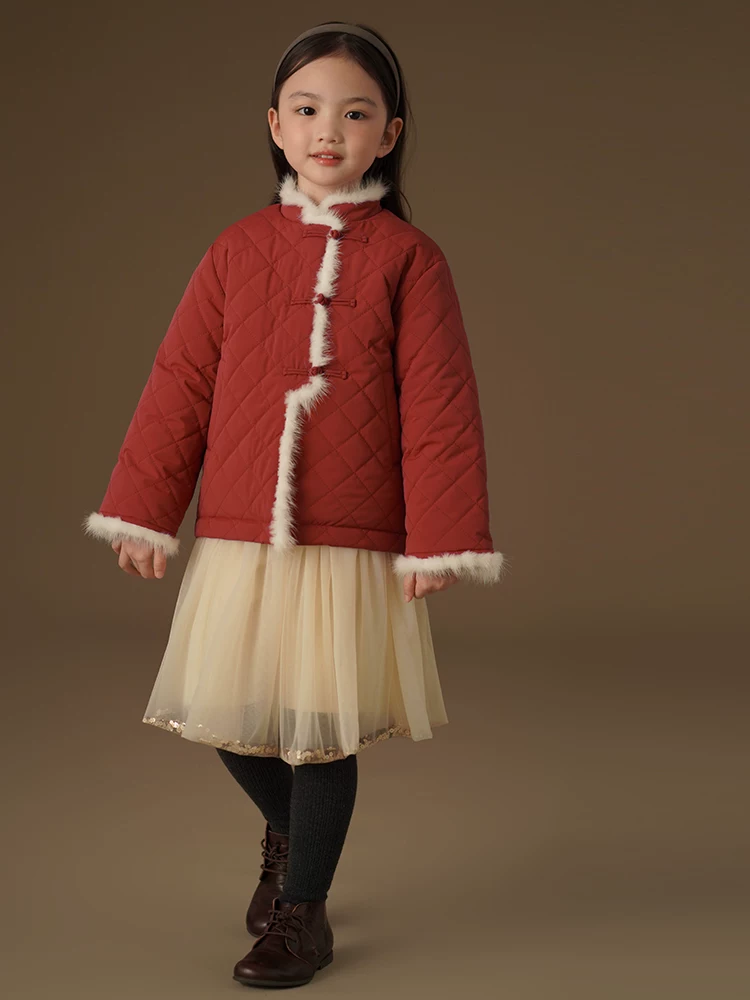 Quần áo cotton mùa đông cho trẻ em có cổ lông thật, áo khoác dày cho bé gái, trang phục Tết kiểu Trung Quốc mới màu đỏ cho bé gái.